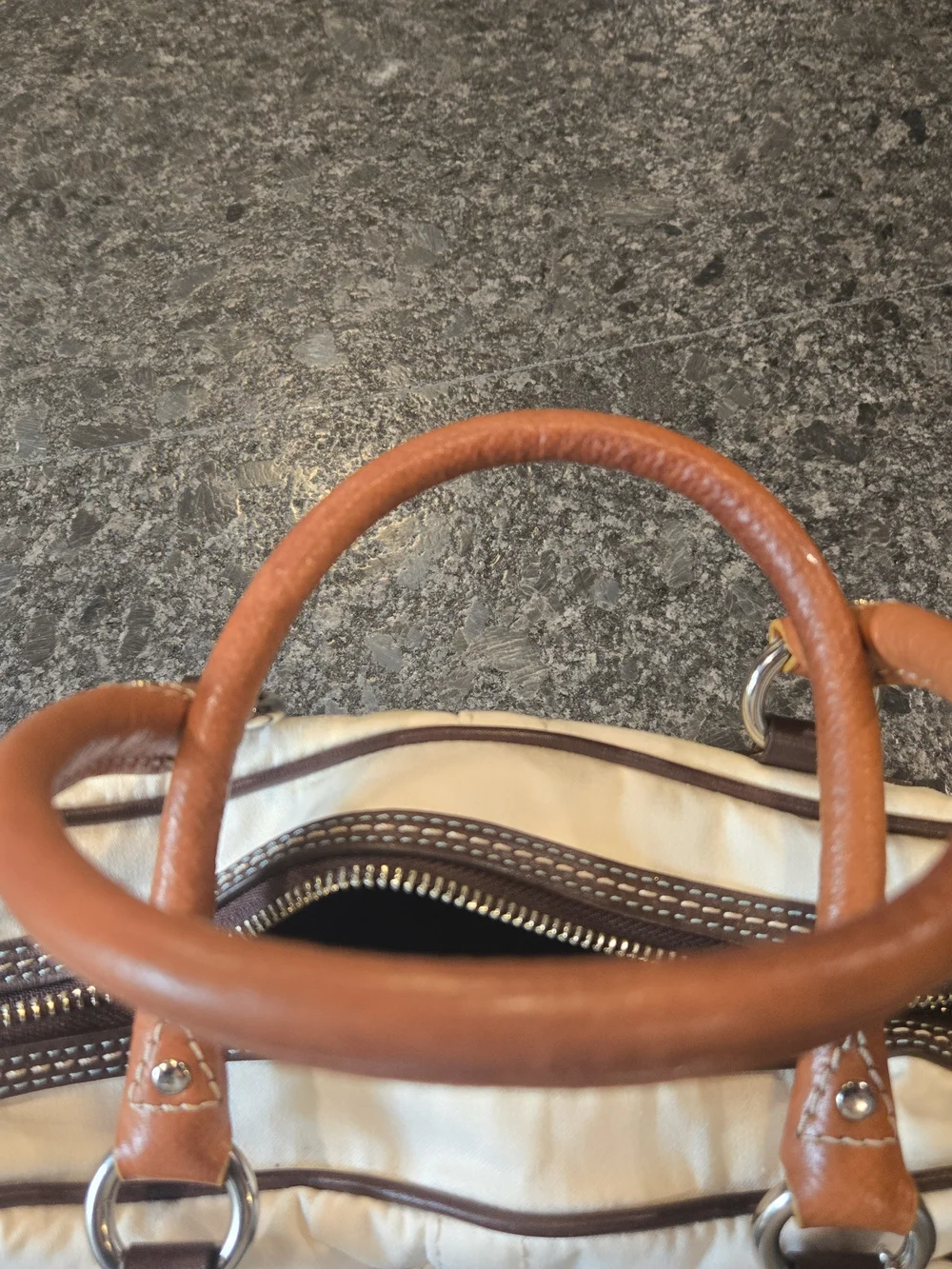 Coach Cream Satchel with Brown Trim and Flower Charm Accent